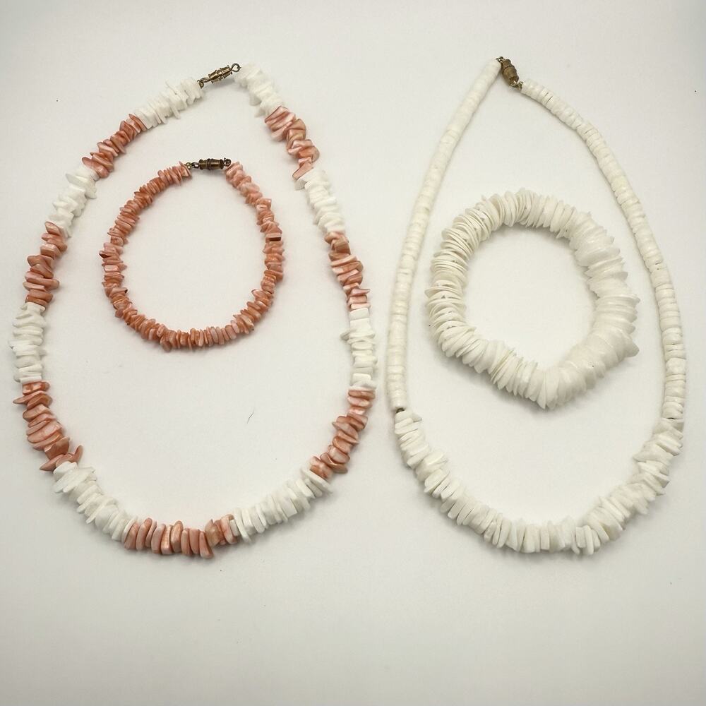 Two Sets‎ of Vintage Puka Shell Necklace Bracelet White Salmon Pink Gold Tone